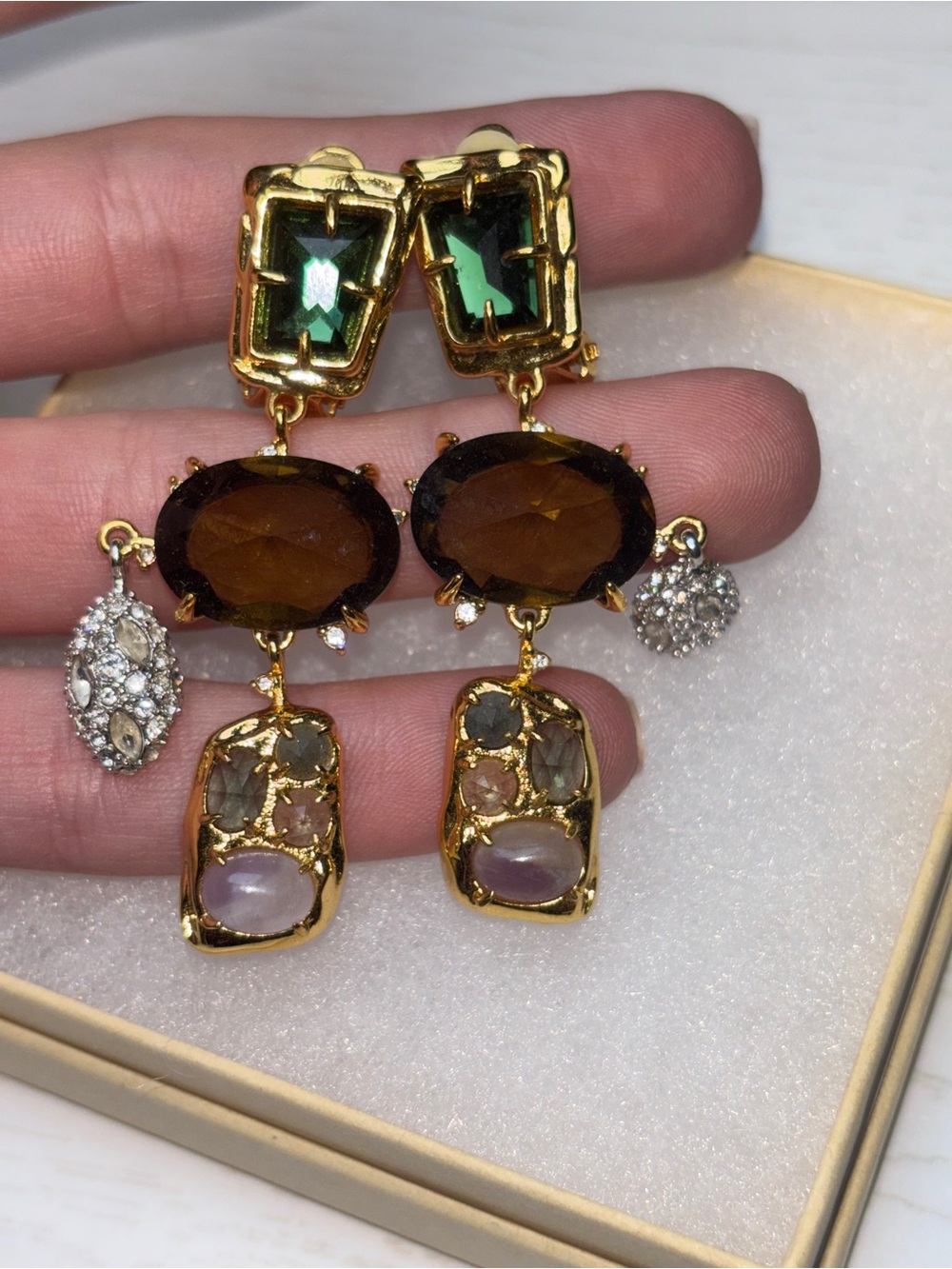Alexis Bittar Gold Tone Multi Gem Statement Drop Clip Earrings